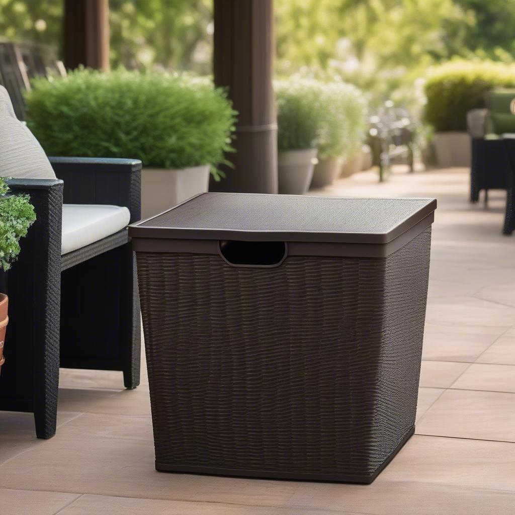 Durable Resin Wicker Storage Bin in Outdoor Setting