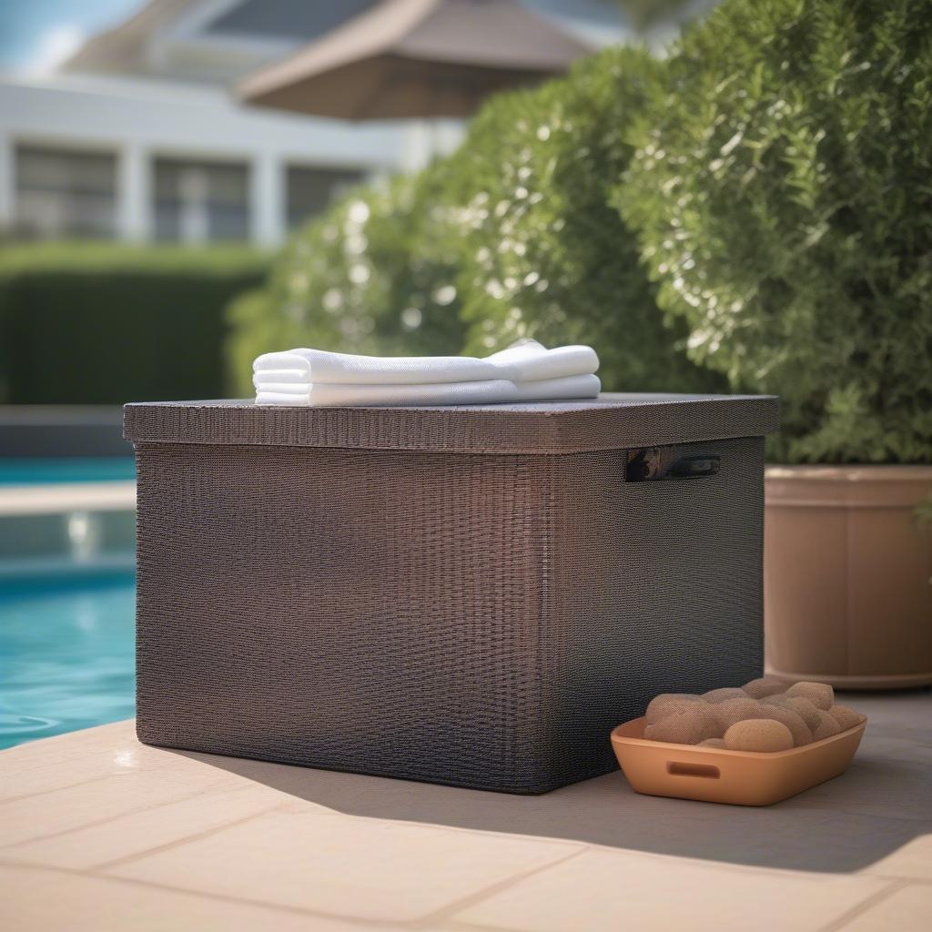 A resin wicker storage box next to a pool, demonstrating its practicality and weatherproof qualities.