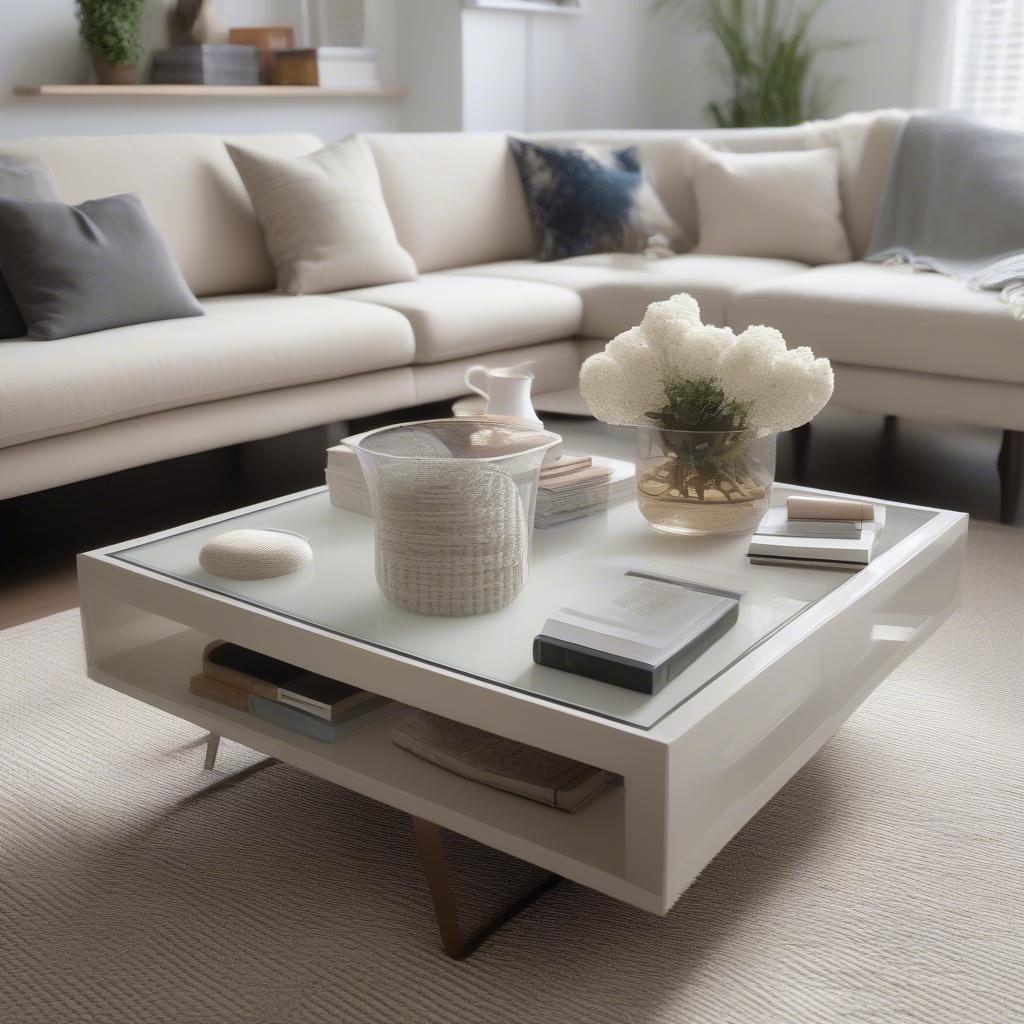 Resin wicker storage coffee table in a modern living room