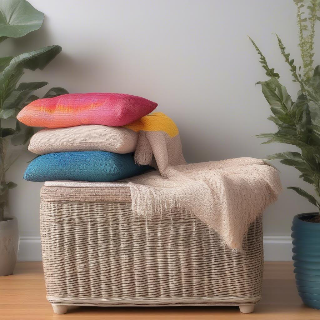 Styled resin wicker storage seat with cushions and plants