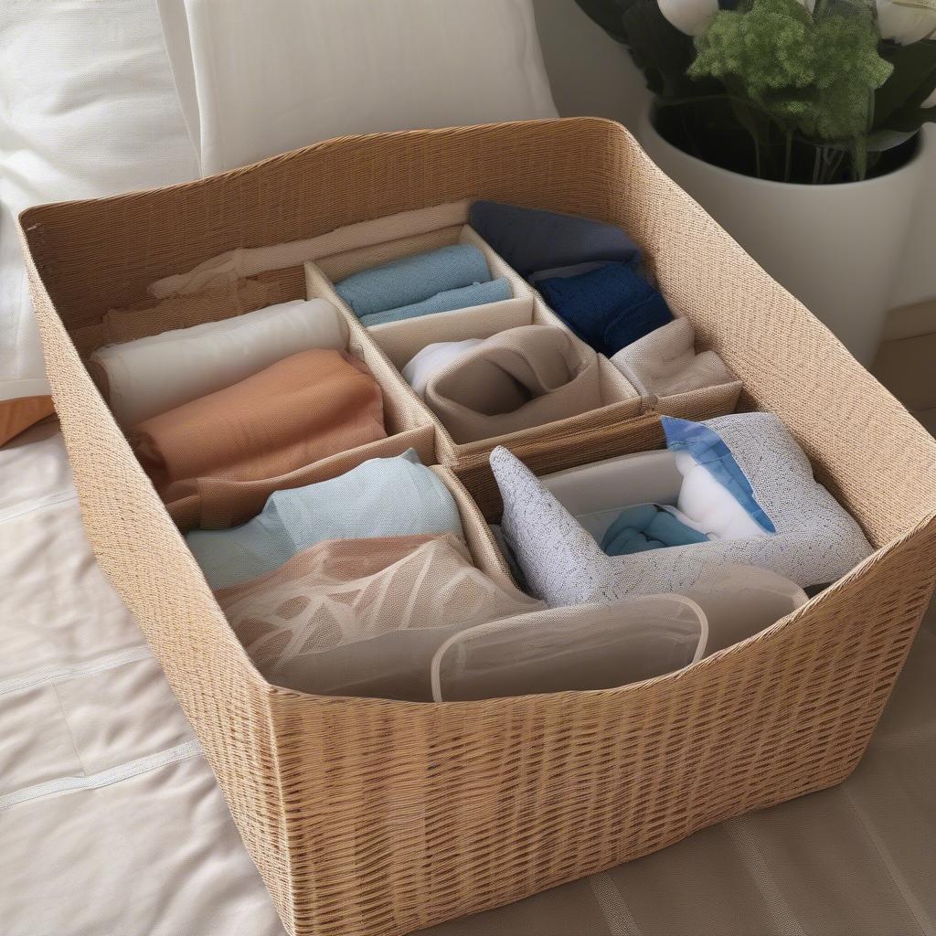 Resin wicker storage tote with fabric dividers