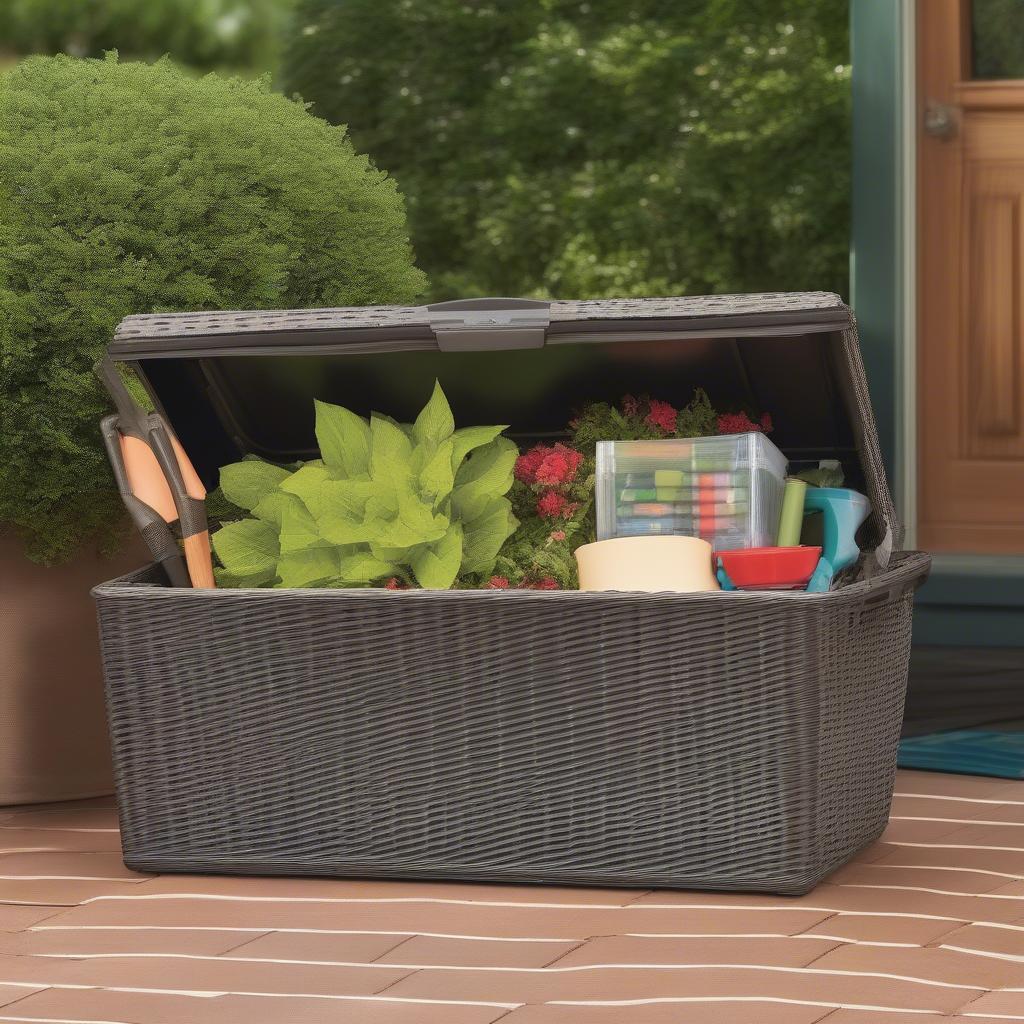 Resin Wicker Storage Tote Medium on Patio