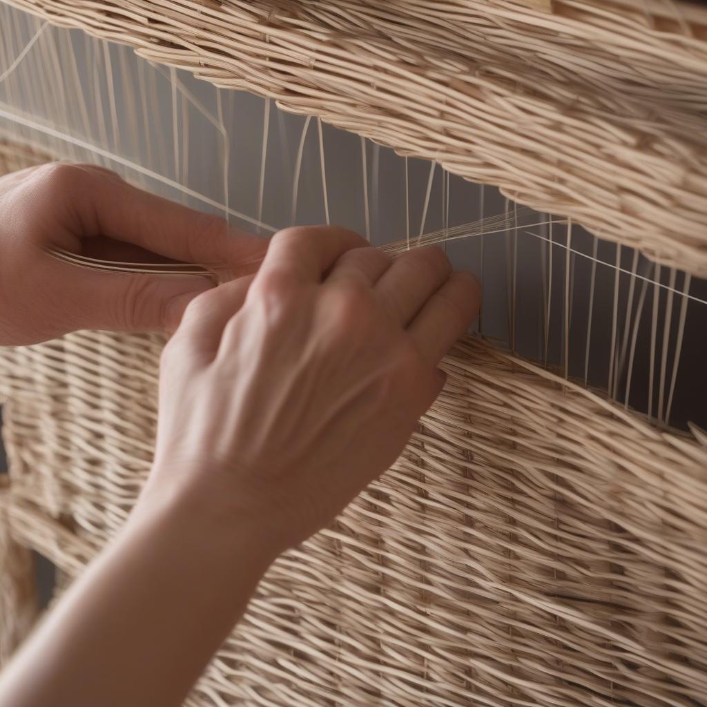 Hands restringing a wicker blind, demonstrating the process of threading the cord through the slats