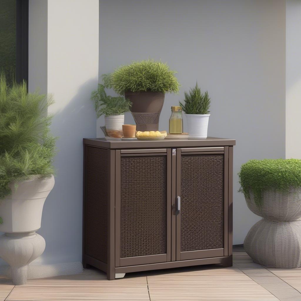 Rimax Traditional Brown Resin Wicker Utility Cabinet in an Outdoor Patio Setting