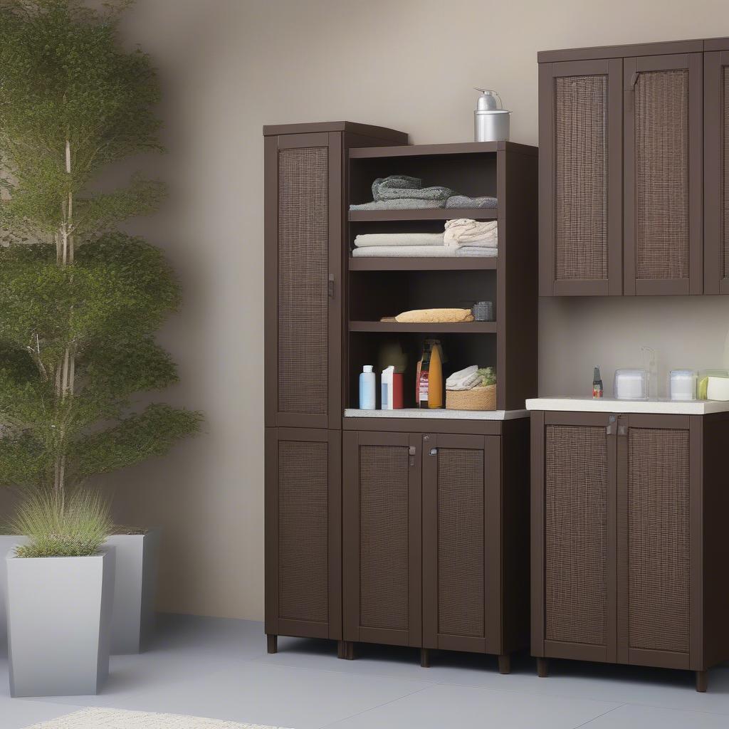 Different sizes and styles of Rimax Brown Resin Wicker Utility Cabinets