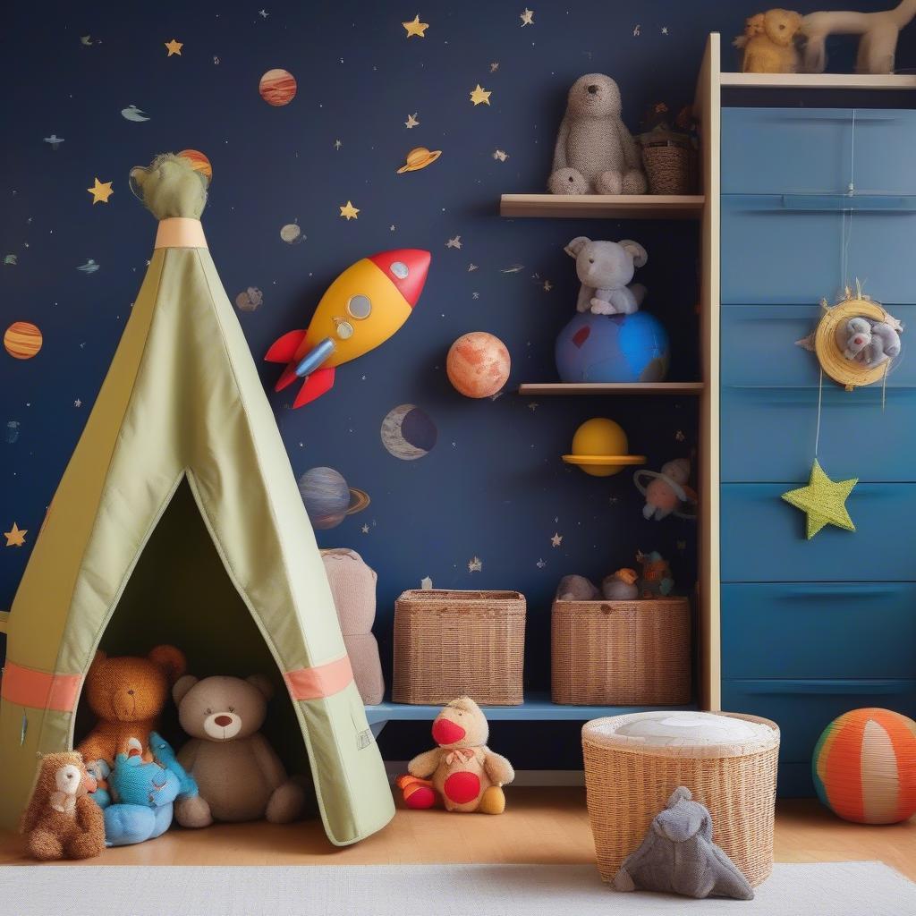 Rocket wicker storage basket in a kid's room, filled with toys and plushies.