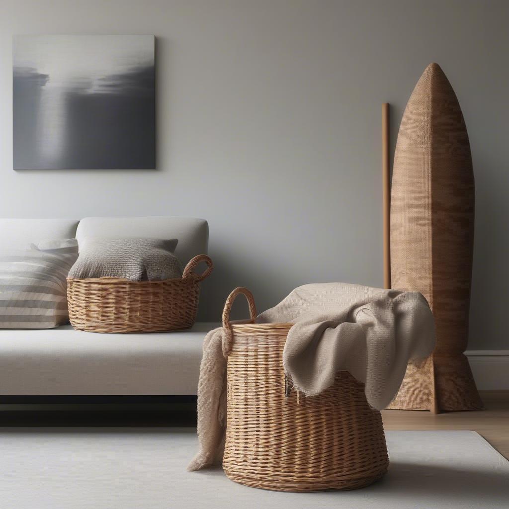 Rocket shaped wicker storage in a modern living room.