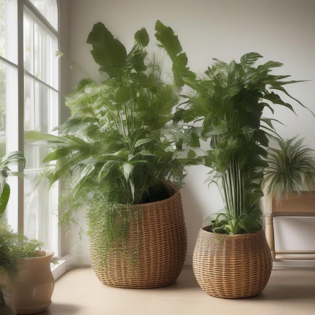 Rocket wicker storage used as a planter for a large houseplant.