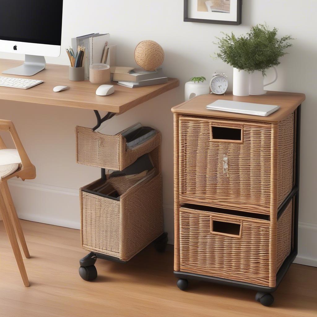 Rolling wicker filing cabinet in a home office setting