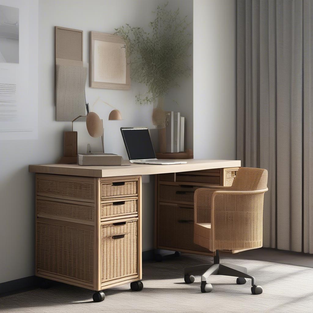 Rolling wicker filing cabinet in an office