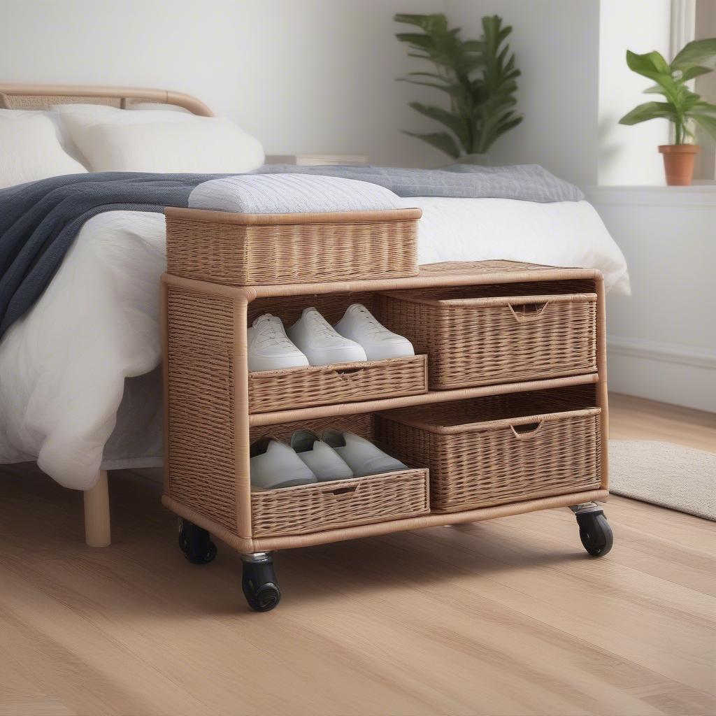 Rolling Wicker Shoe Storage Under Bed