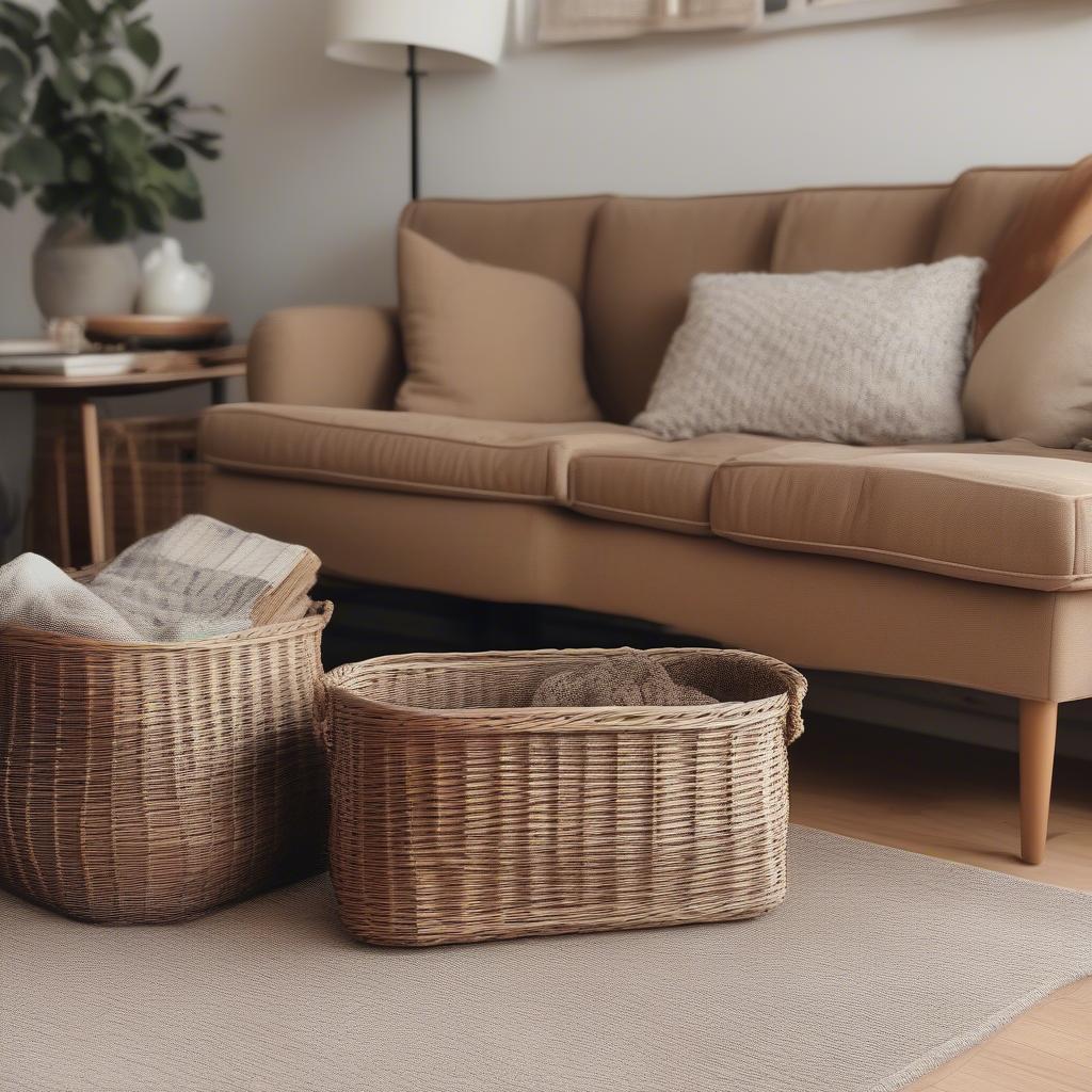 Rolling wicker storage baskets in a living room setting