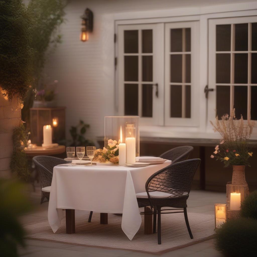 Romantic dinner setting illuminated by wicker candle holders