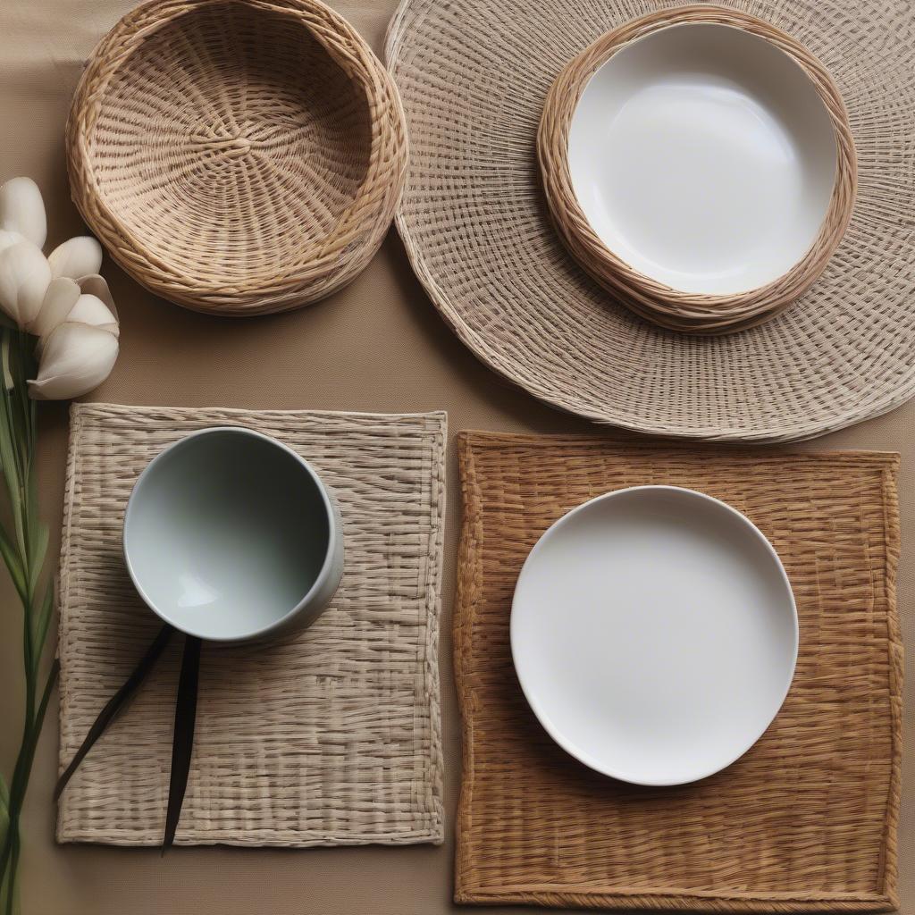 Round and square wicker placemats displayed side by side, illustrating the difference in shape and design.