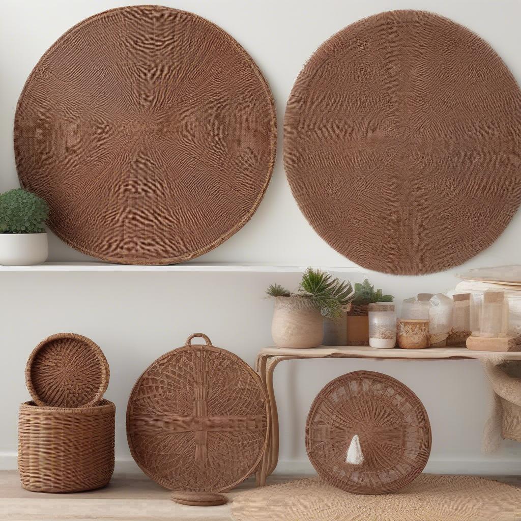 Various Round Brown Wicker Mats in Wicker Holders