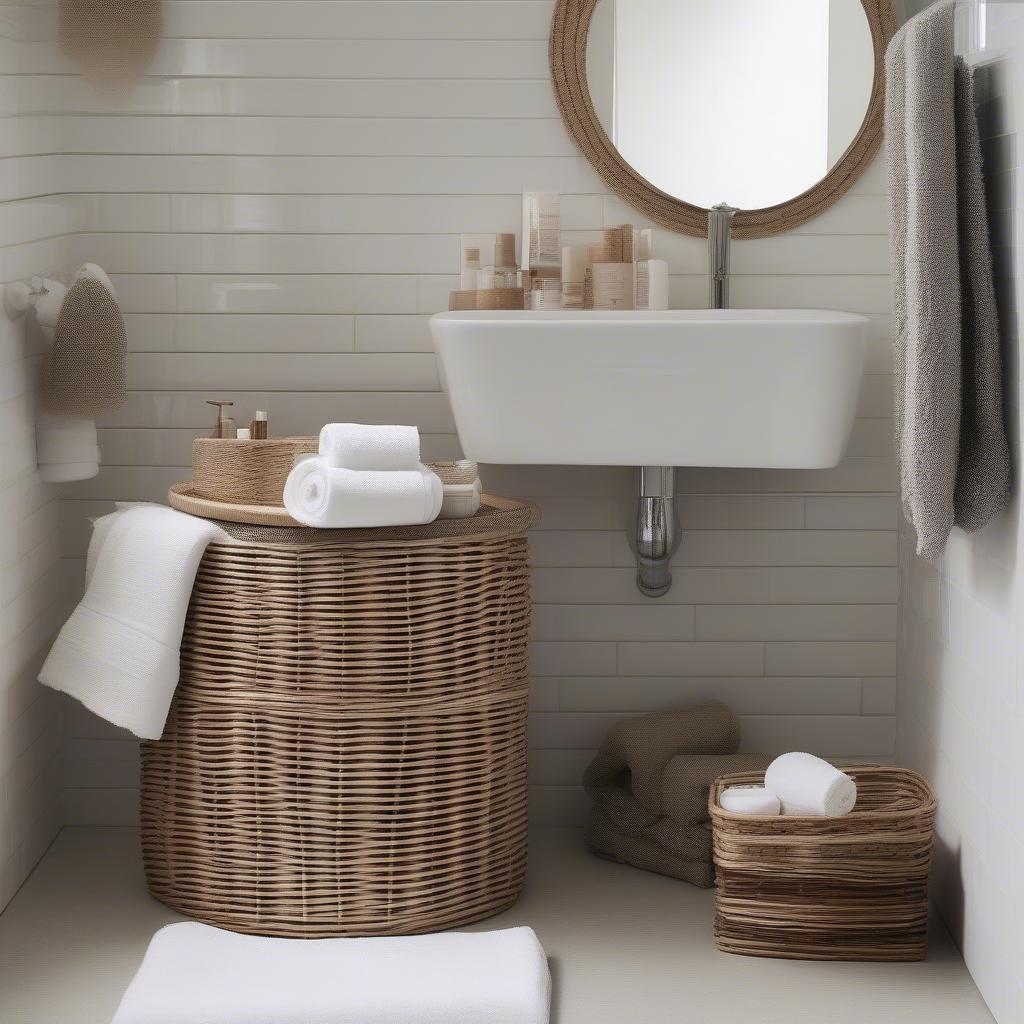 Round wicker basket with a metal lid used for bathroom storage