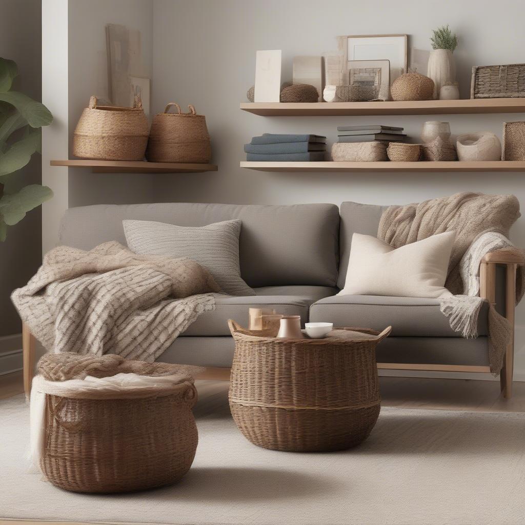 Round wicker baskets used for storage in a living room setting