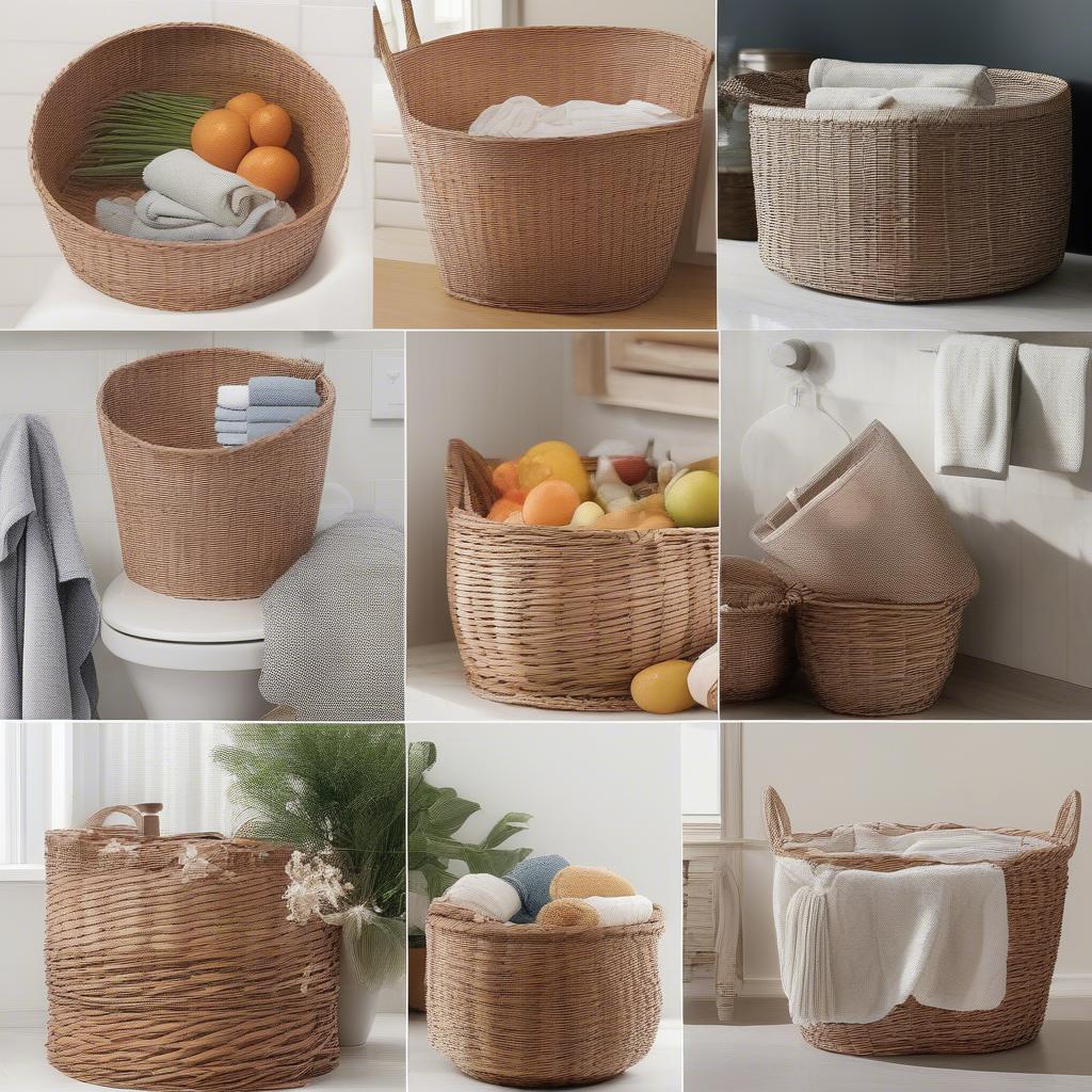 Round wicker baskets used for storage in different rooms of a house.