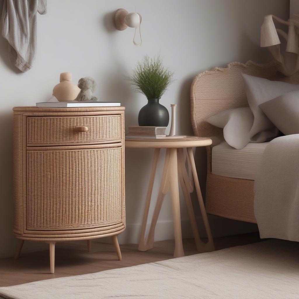 Round wicker cabinet styled in a bedroom