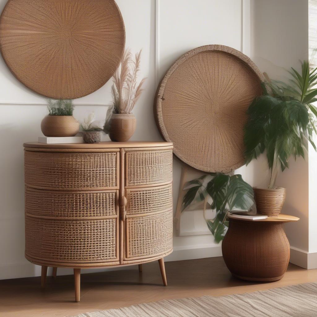 Round wicker cabinet in a living room setting