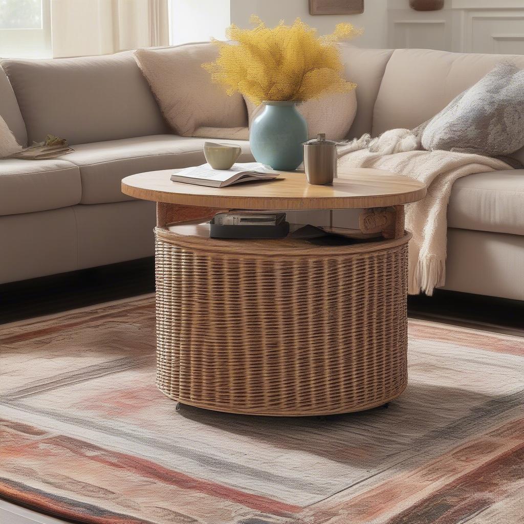 Round Wicker Coffee Table with Storage