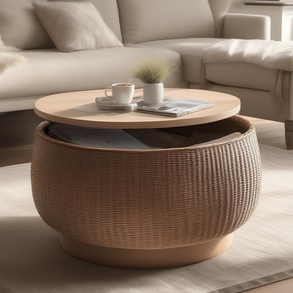 Round wicker coffee table with storage in a cozy living room setting