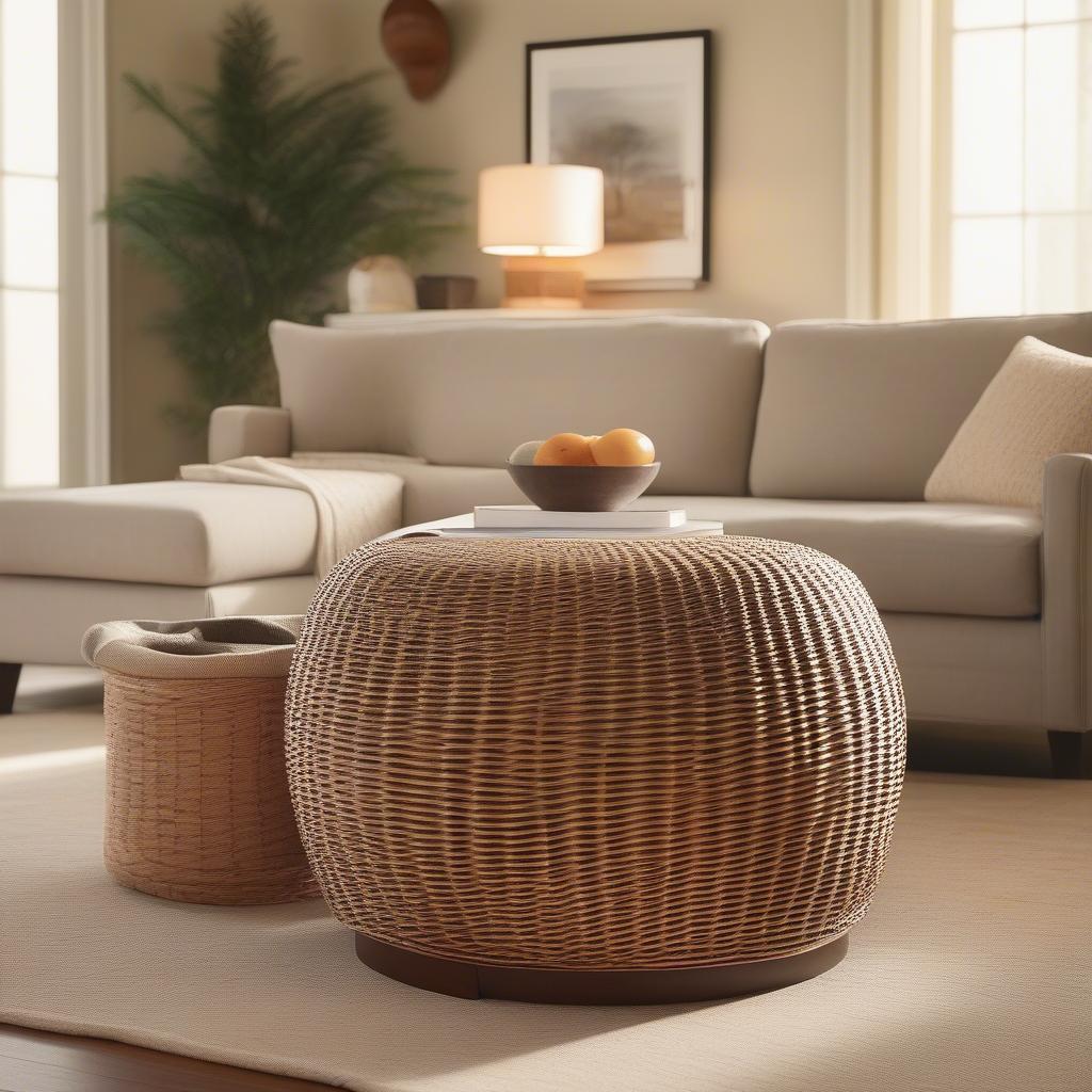 Round Wicker Ottoman Storage in Living Room