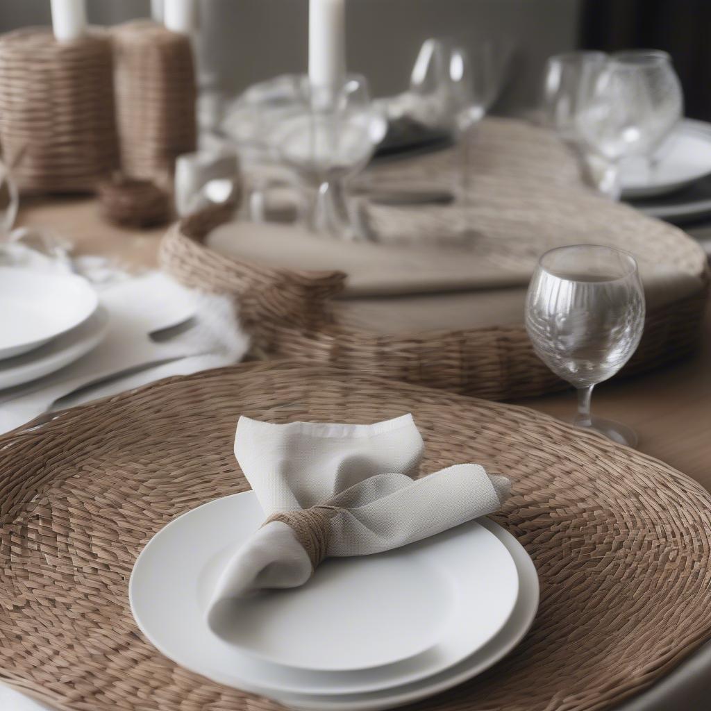 Round wicker placemats in bulk on a dining table setting