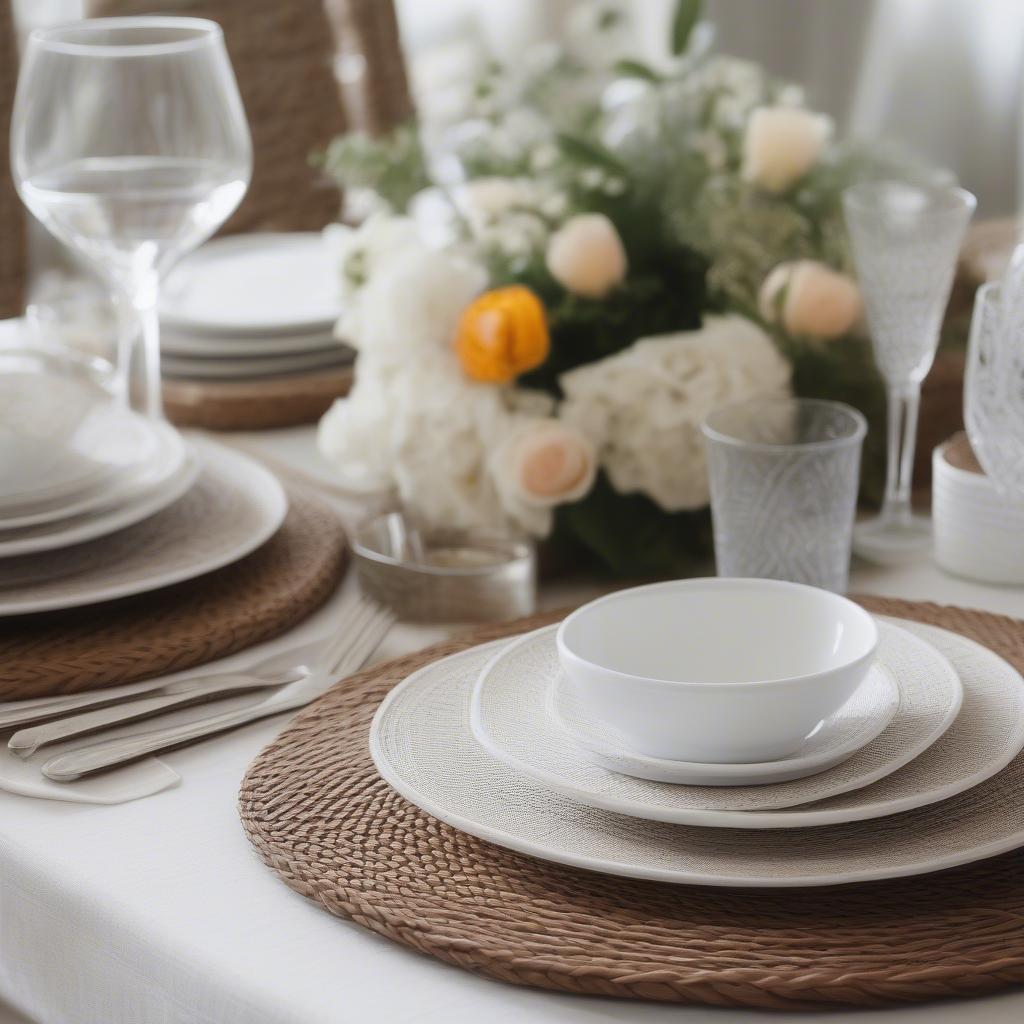 Round wicker placemats add a touch of natural elegance to a dining table.