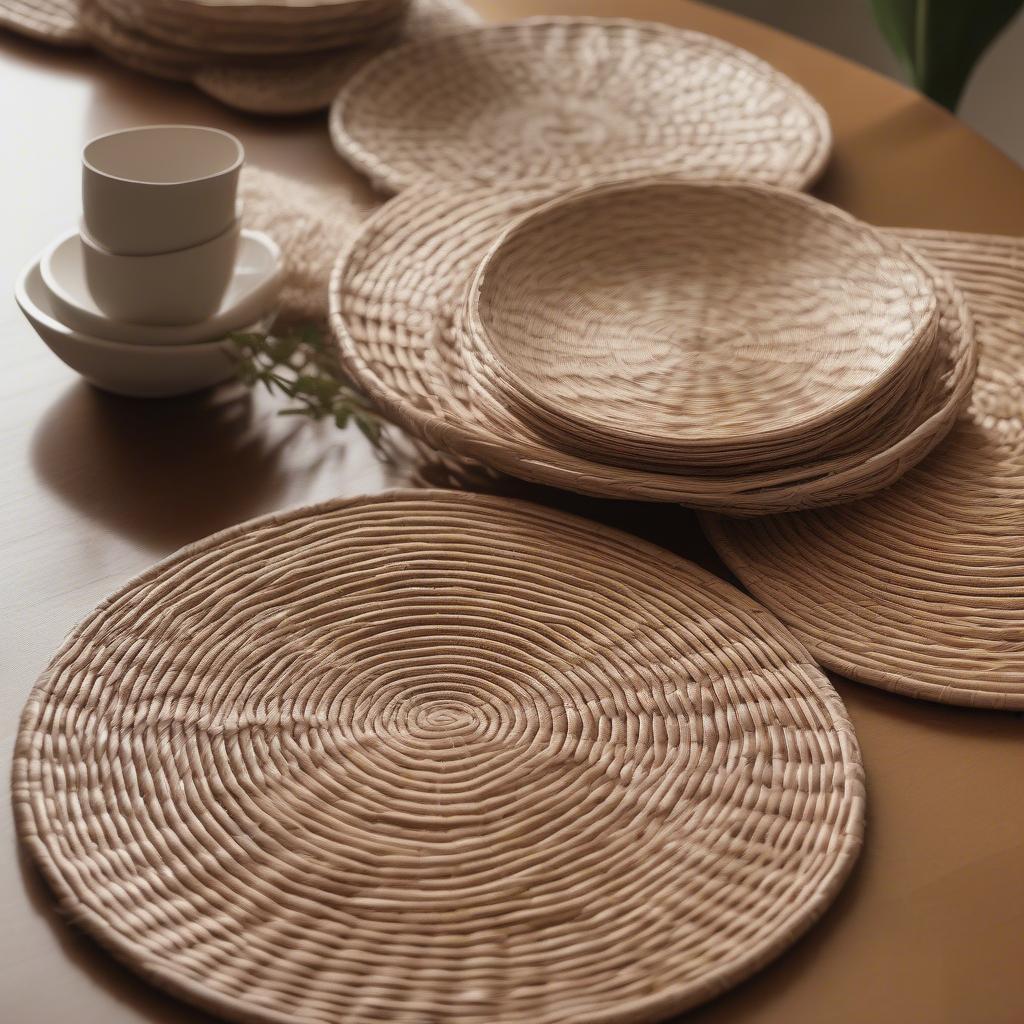 Round wicker placemats set on a dining table