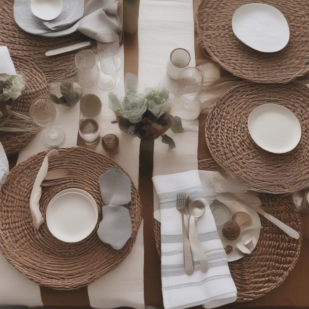 Round wicker placemats styled with a table setting