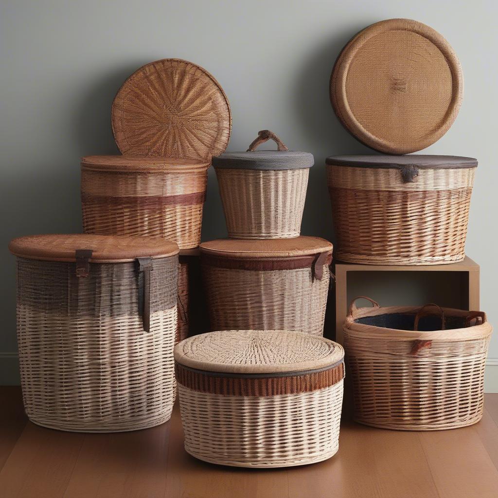 Variety of round wicker storage baskets with hardtop lids