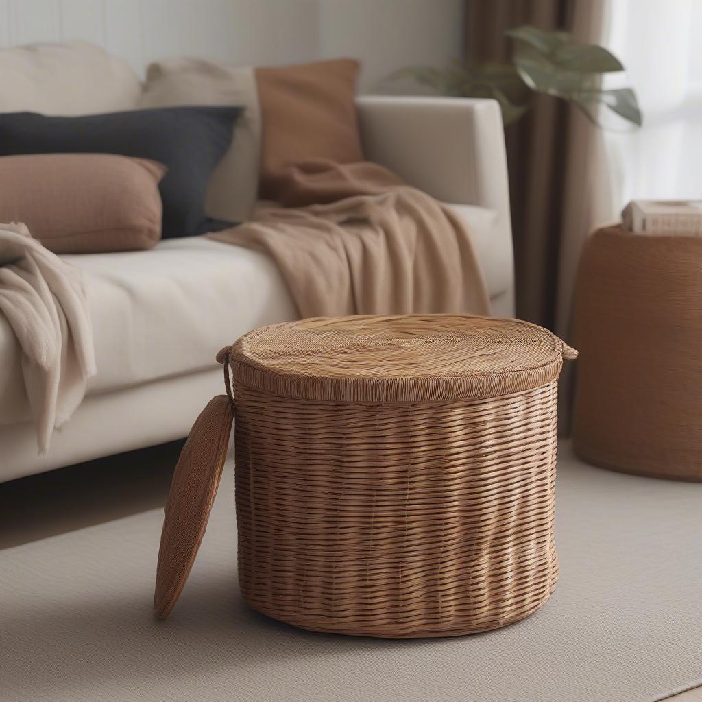 Round Wicker Storage Basket in Living Room Setting