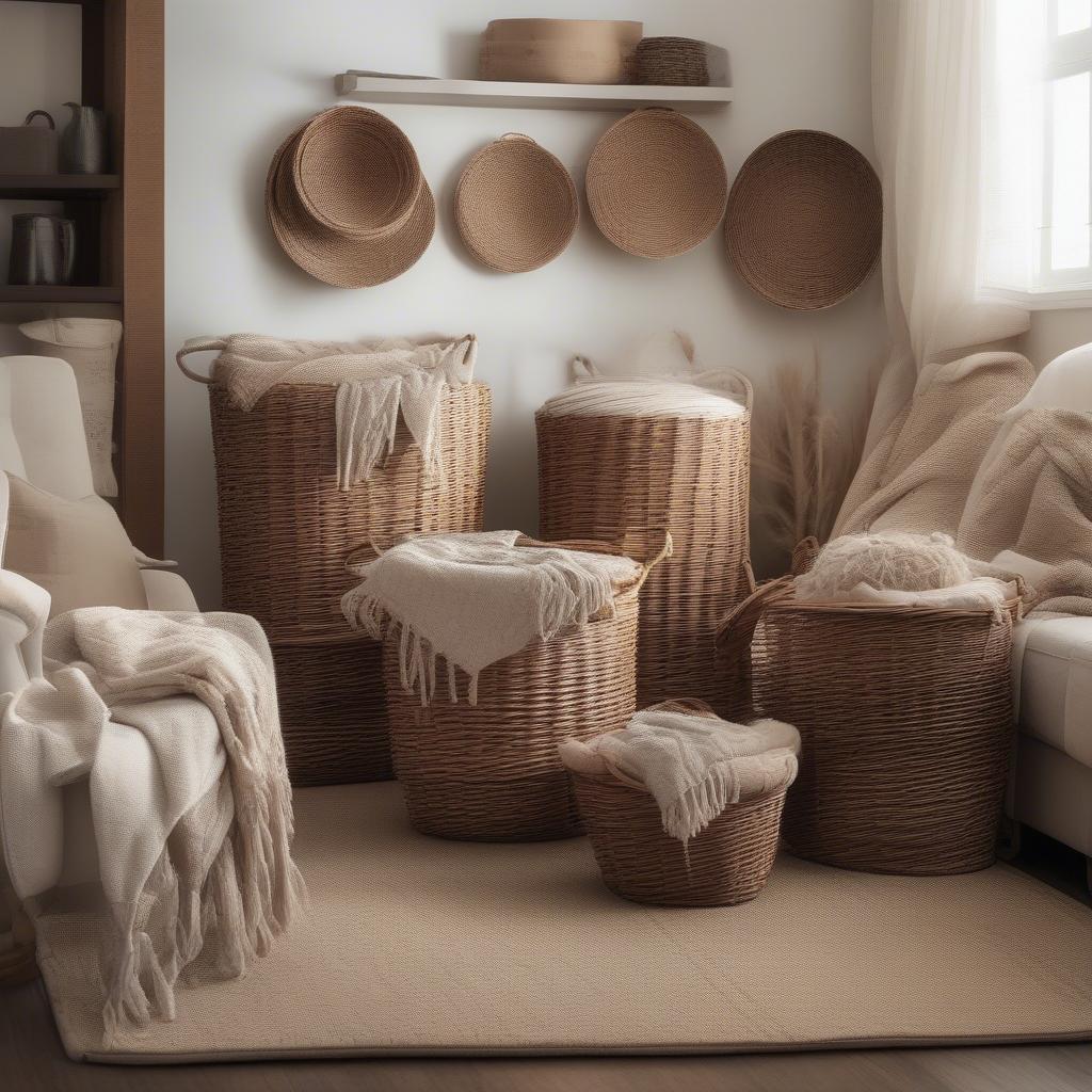 Round wicker storage baskets in a living room setting