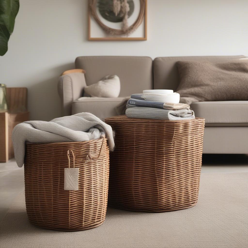 Round Wicker Storage Baskets in Living Room