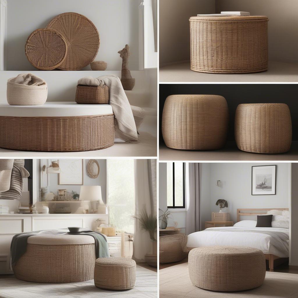 Examples of round wicker storage used in different rooms within a home.