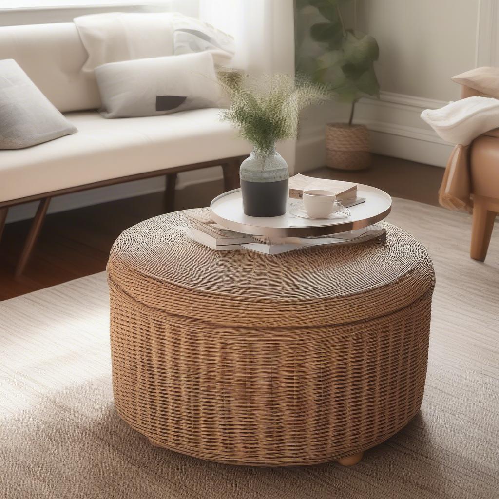 Round Wicker Storage Ottoman in a Living Room