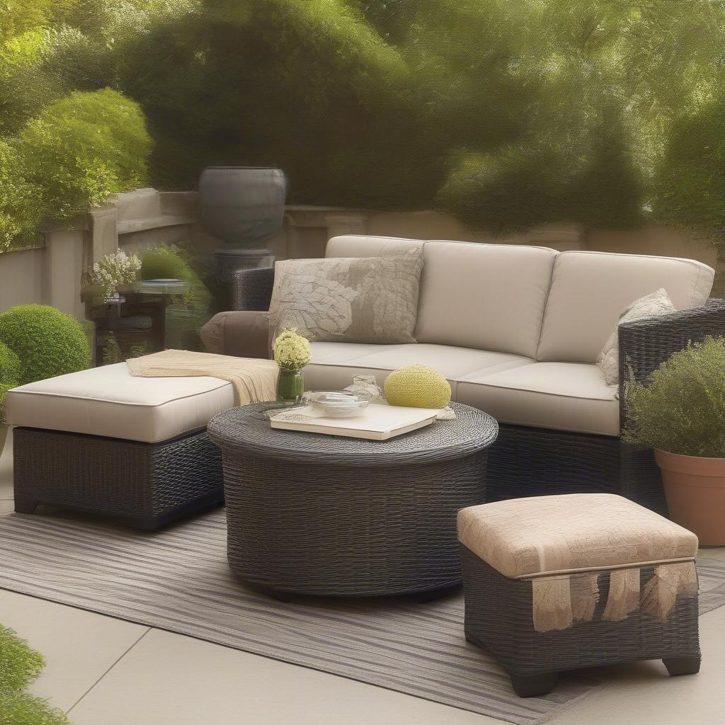 Round wicker storage ottoman on a patio, surrounded by lush greenery and comfortable seating.