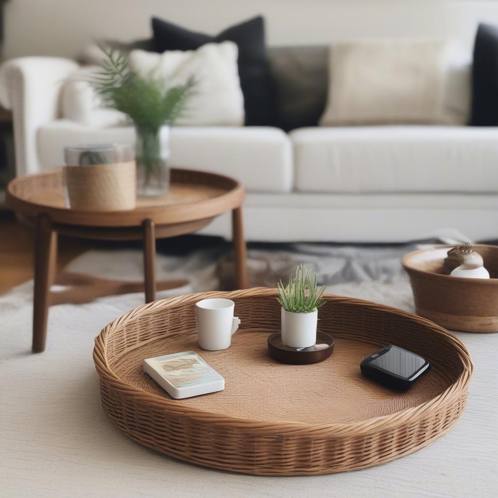 Round wicker tray basket used for living room storage