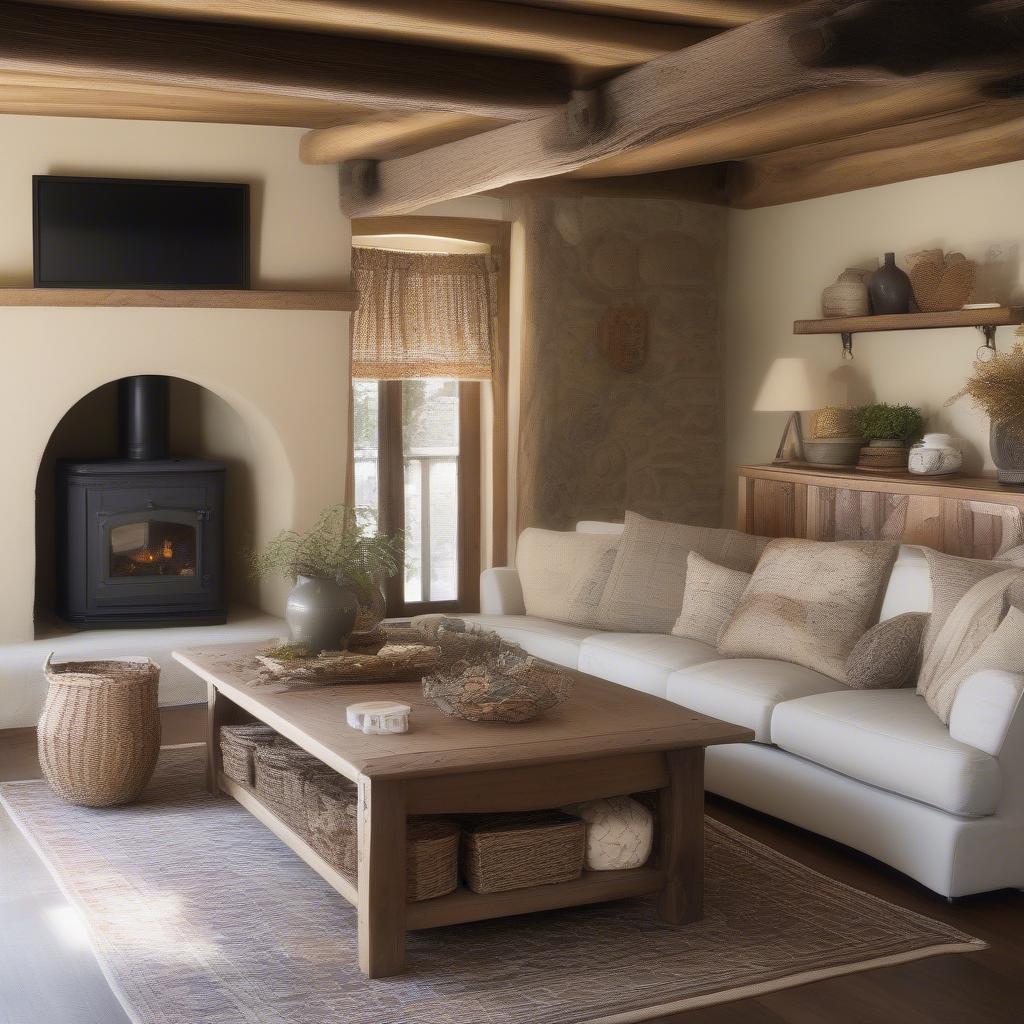 Rustic Living Room with Wood Coffee Table and Wicker Baskets