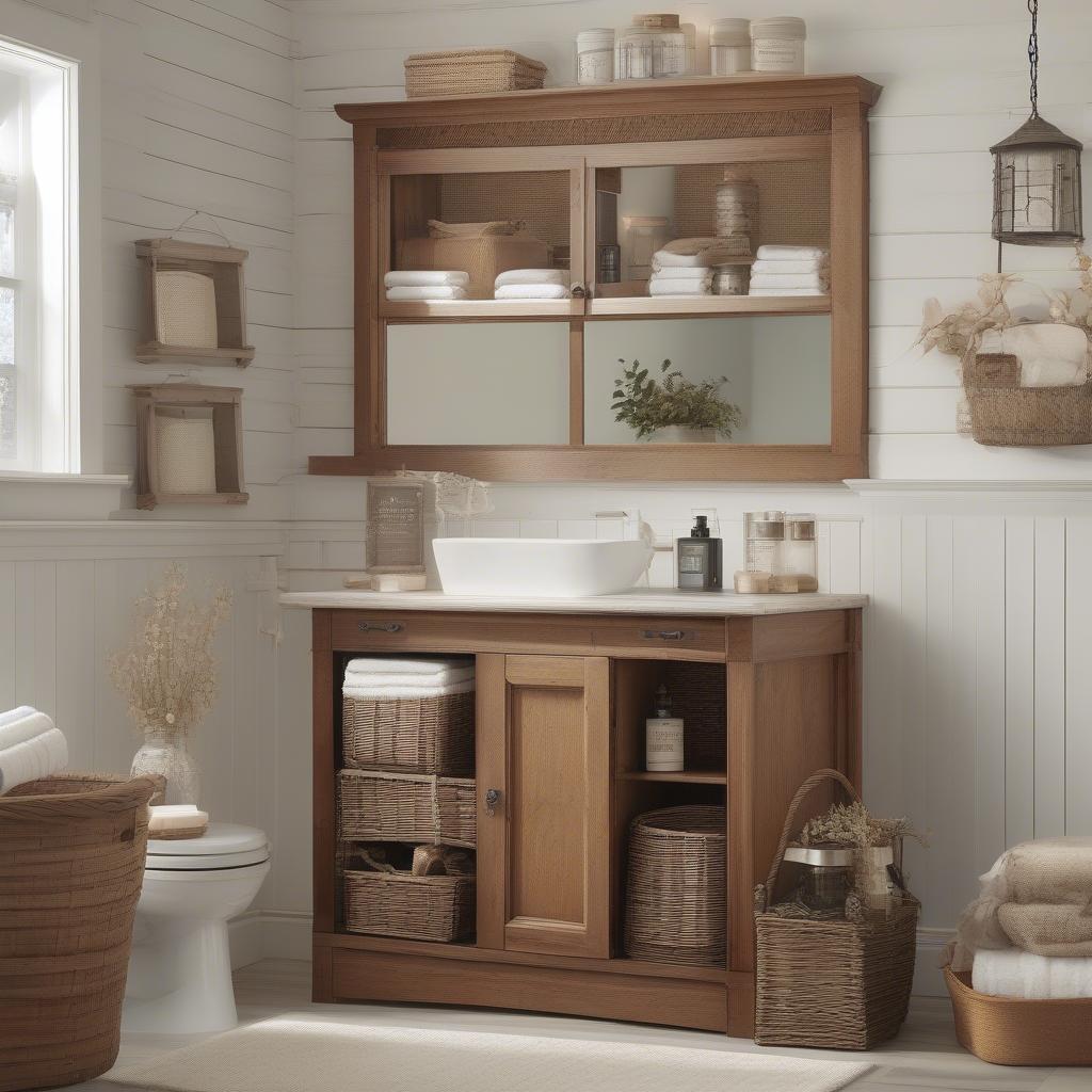 Rustic Oak Medicine Cabinet with Wicker Baskets in a Farmhouse Bathroom