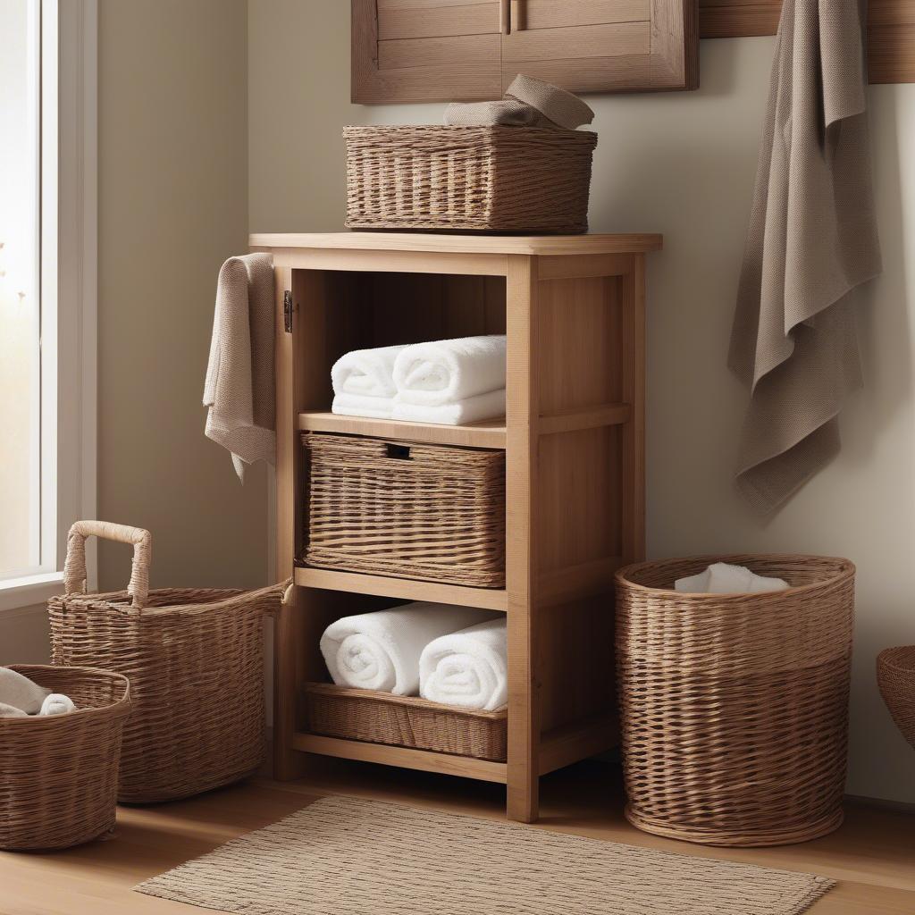 Rustic wicker bathroom cabinet on a wooden floor, highlighting its natural and organic appeal.