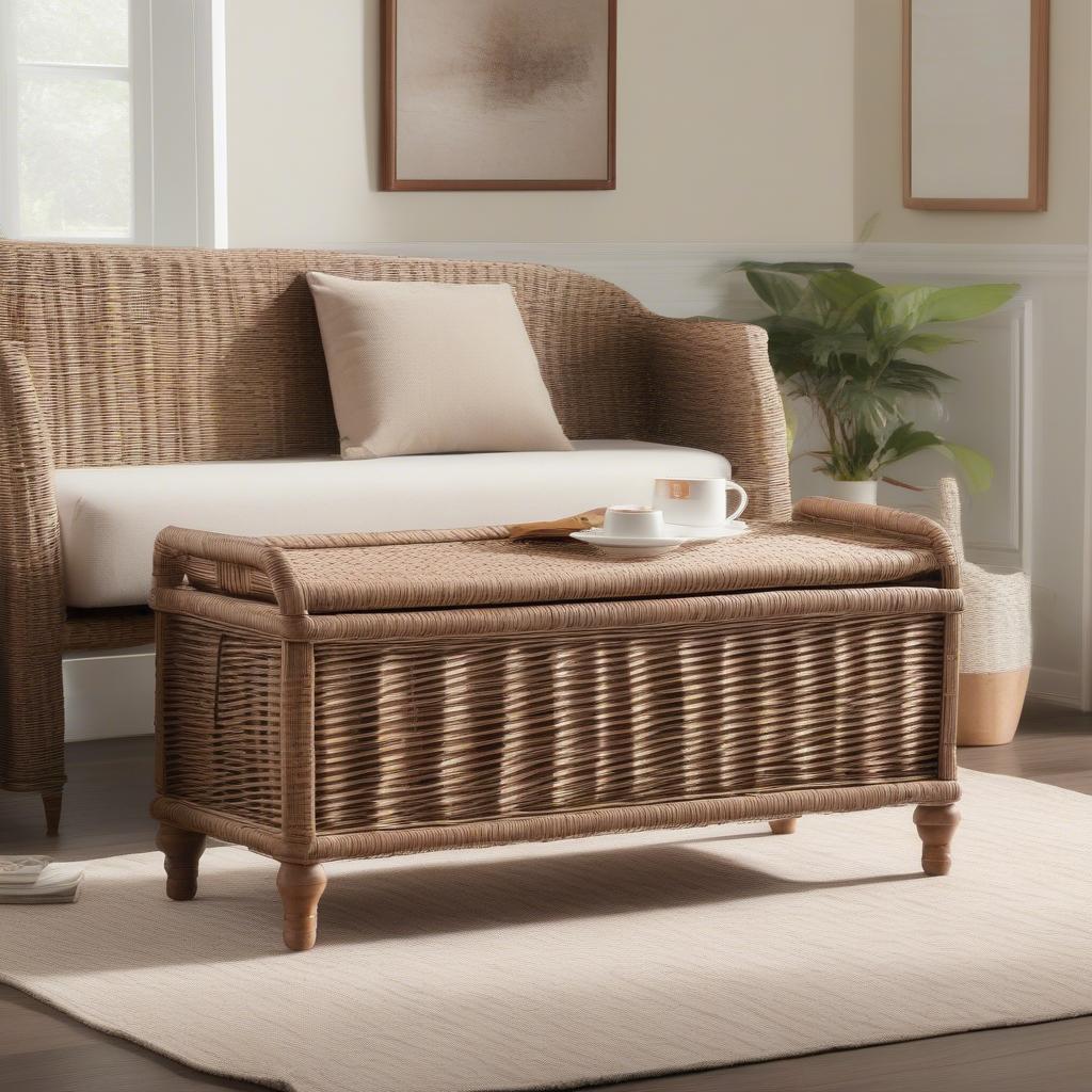 Safavieh Freddy Distressed Wicker Storage Bench in Living Room