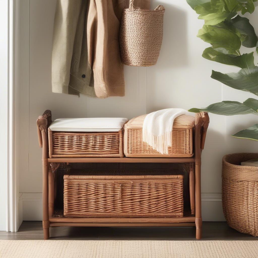 Safavieh Freddy Vintage Wicker Storage Bench in an Entryway