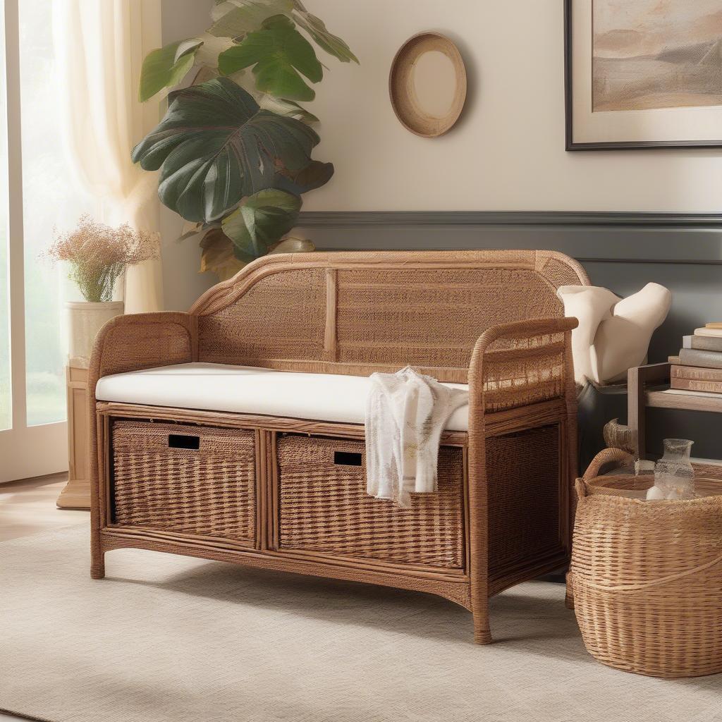 Safavieh Freddy Vintage Wicker Storage Bench in a Living Room Setting