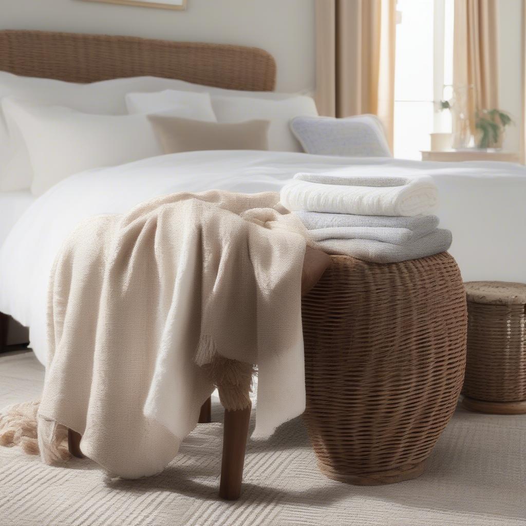 Safavieh Freddy wicker storage bench at the foot of a bed, enhancing bedroom décor.