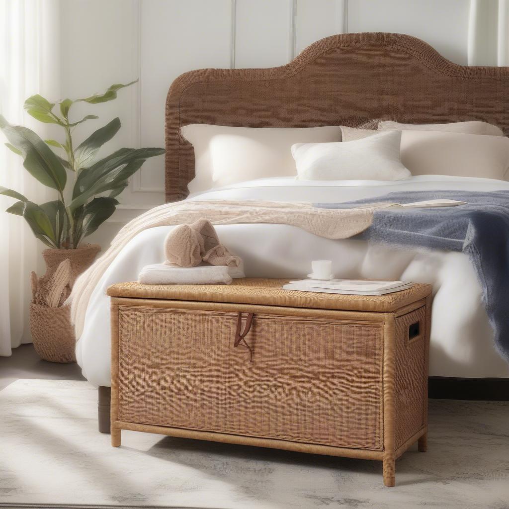 Safavieh Freddy Wicker Storage Bench in a Bedroom Setting