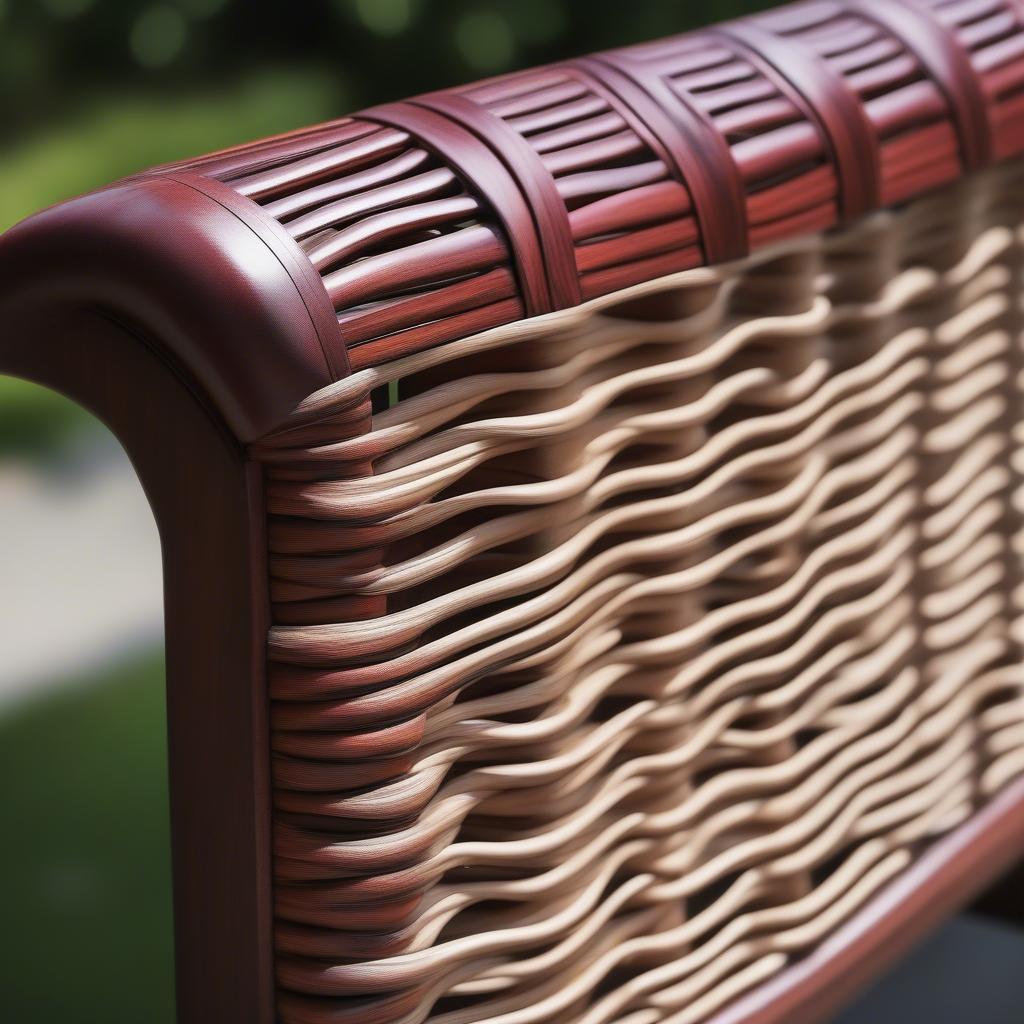 Close-up view of the Safavieh Freddy Wicker Storage Bench in Cherry, showcasing the intricate wicker weave and rich cherry finish.