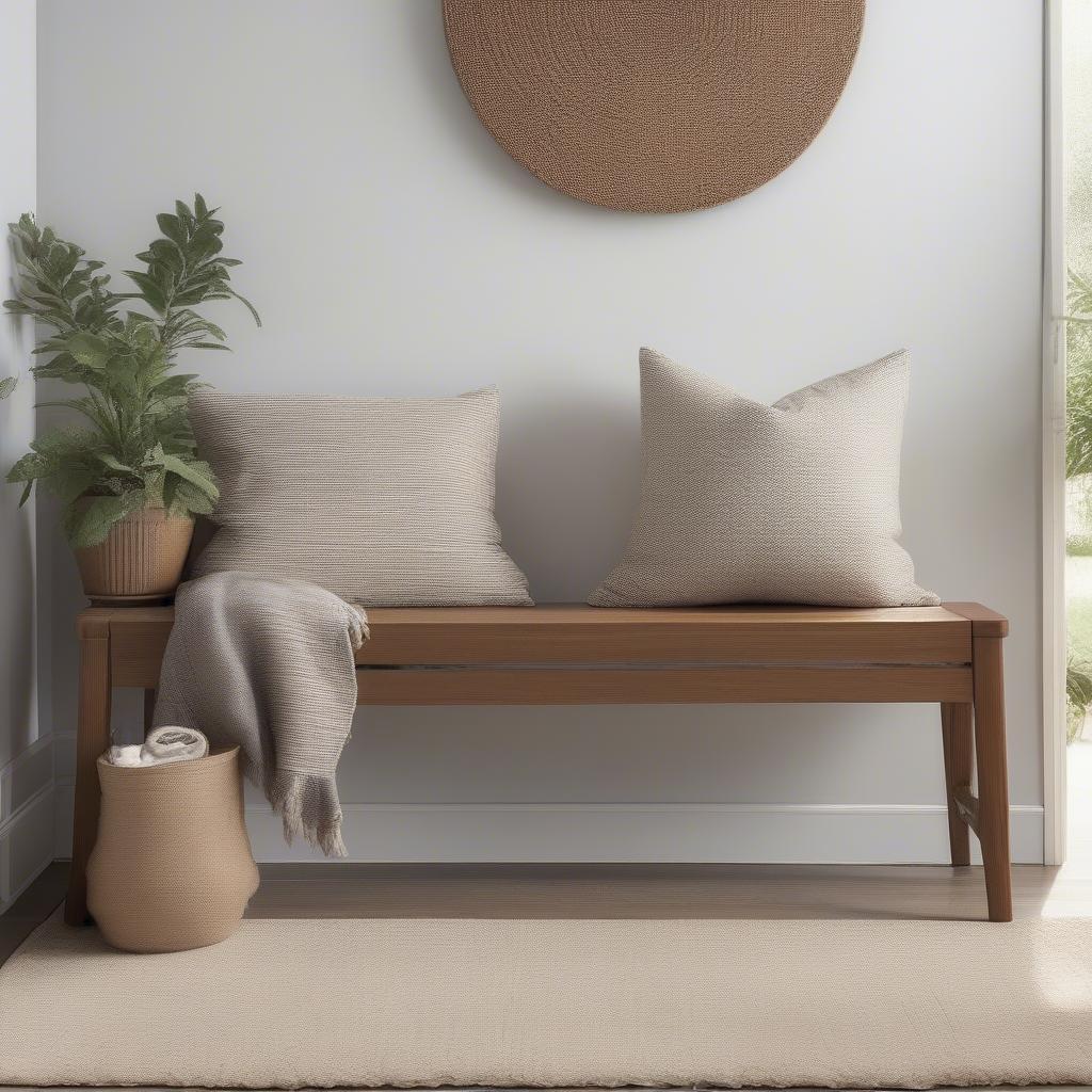 Safavieh Freddy Wicker Storage Bench in Cherry placed in a home entryway, demonstrating its use as both seating and storage.