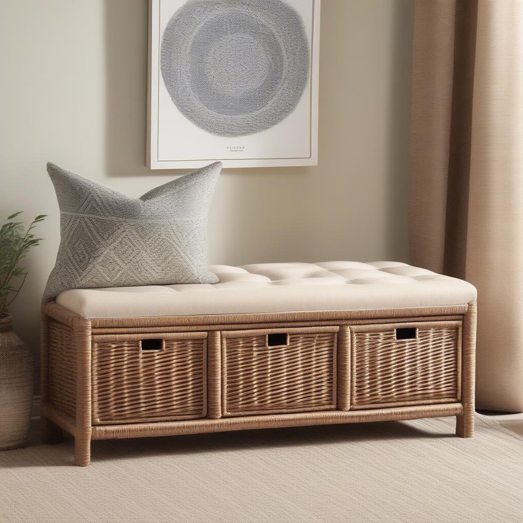 Safavieh Freddy wicker storage bench in a living room setting, showcasing its stylish design and practicality.